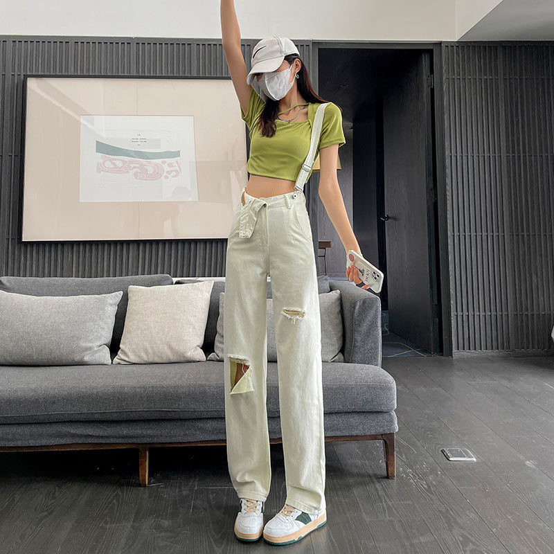 Women's High-waisted Wide-legged Ripped Backstrap Jeans