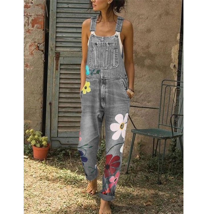Ladies Printed Washed Denim Overalls Trousers