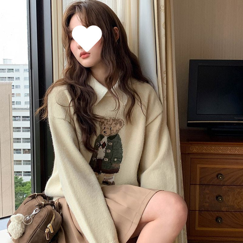 Contrast Color Lapels Bear Brocade Sweater