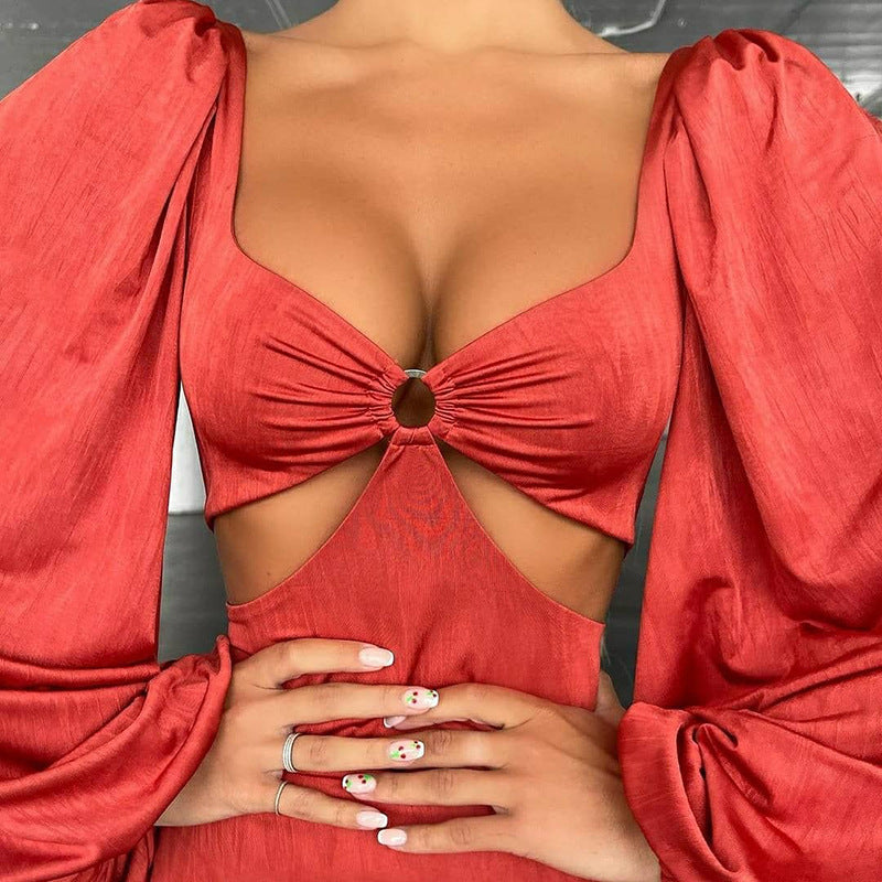 Women's Solid Color Hanging Ring Lantern Sleeve Dress
