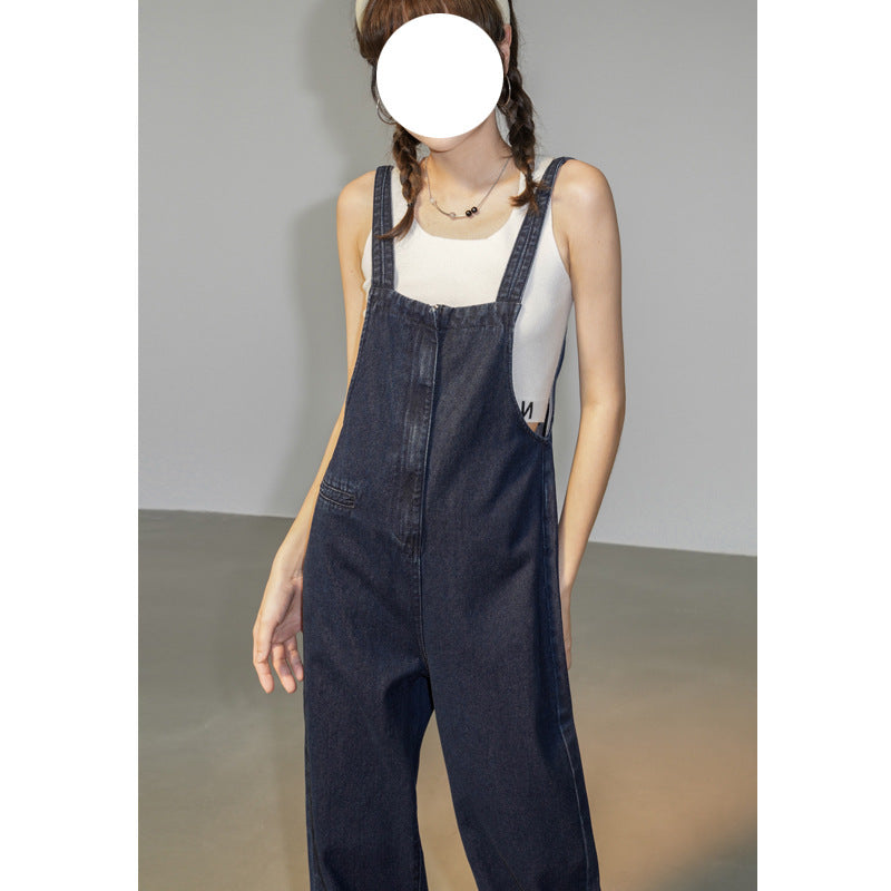 French Denim Suspender Pants Summer Women's Thin Design Loose Wide-leg Straight Pants