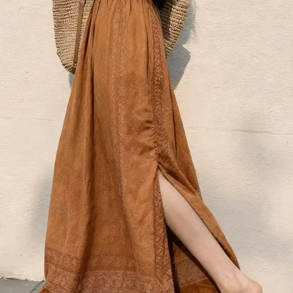 New Ethnic-style Coffee-colored Printed Half-length Skirt With A Back Slit