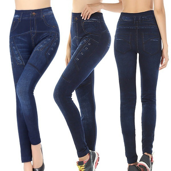 Leggings i denimlook med print, sømløse sportsbukser med knaphul