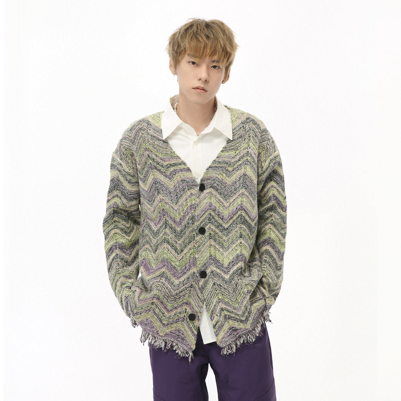 Retro Contrast Color Sweater Wave Striped Knitted Cardigan Jacket