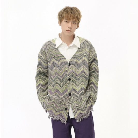 Retro Contrast Color Sweater Wave Striped Knitted Cardigan Jacket