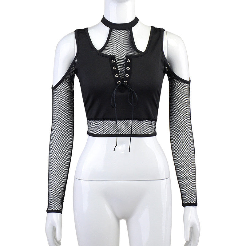 Mesh Patchwork Strapless Lace-up Long Sleeve Solid Top