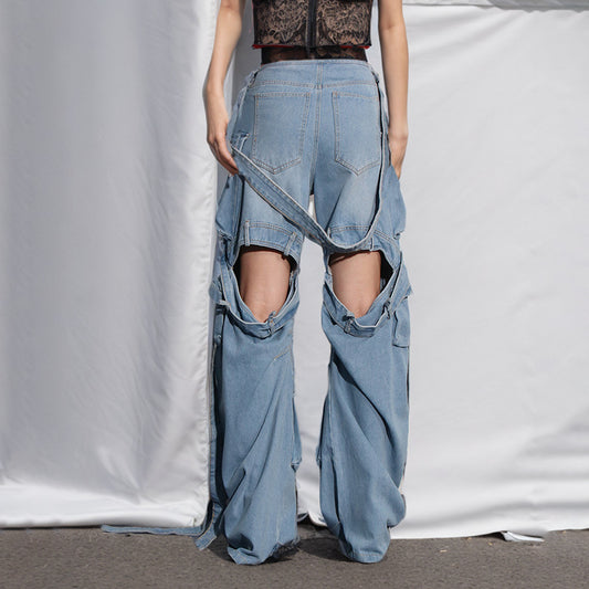 Multi-pocket Decorative Ribbon Design Hollow Cargo Jeans