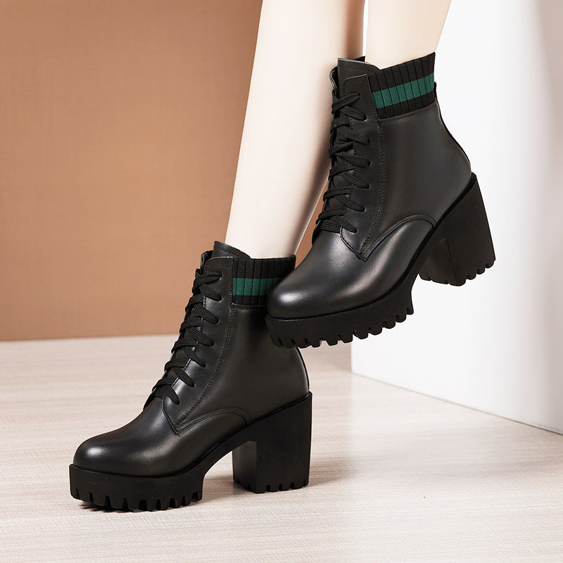 Women's Round Toe Lace Up Chunky High Heel Solid Color All-match Ankle Boots