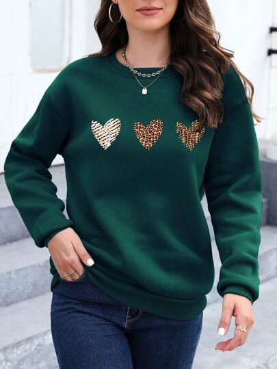 Essnce Leopard Heart Print Drop Shoulder Sweatshirt