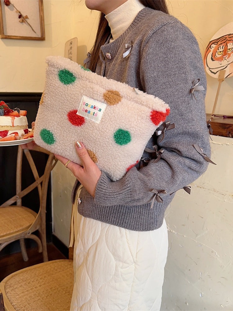 Winter Plush Color Polka Dot Large Capacity Travel Skincare Cosmetic Storage Bag