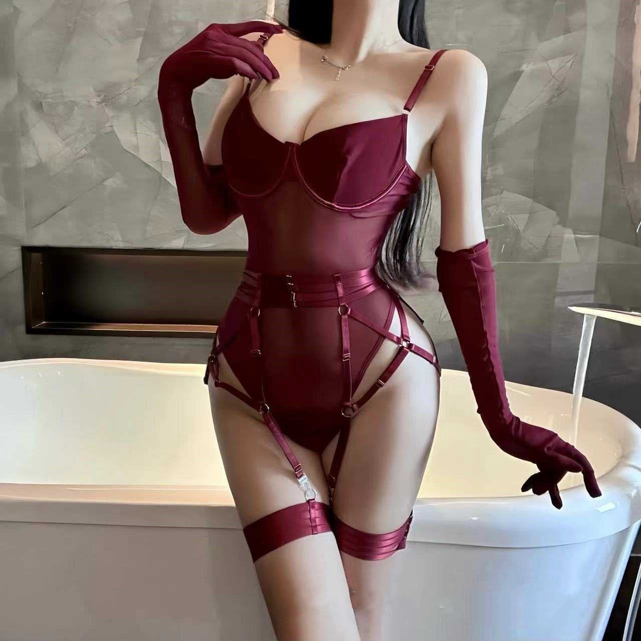See-through Sexy Jumpsuit Mesh Stitching Bra Assembly Gloves
