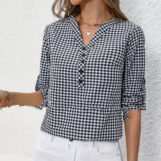Elegant Retro Plaid Striped Three-quarter Sleeve Shirt