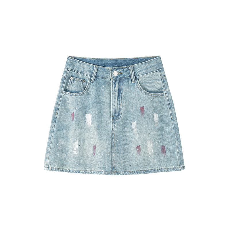 Rhinestone Lining Base Denim Skirt Graffiti Denim