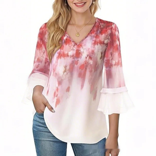 Women's Fashion Casual Top Pleated 34 Sleeve V