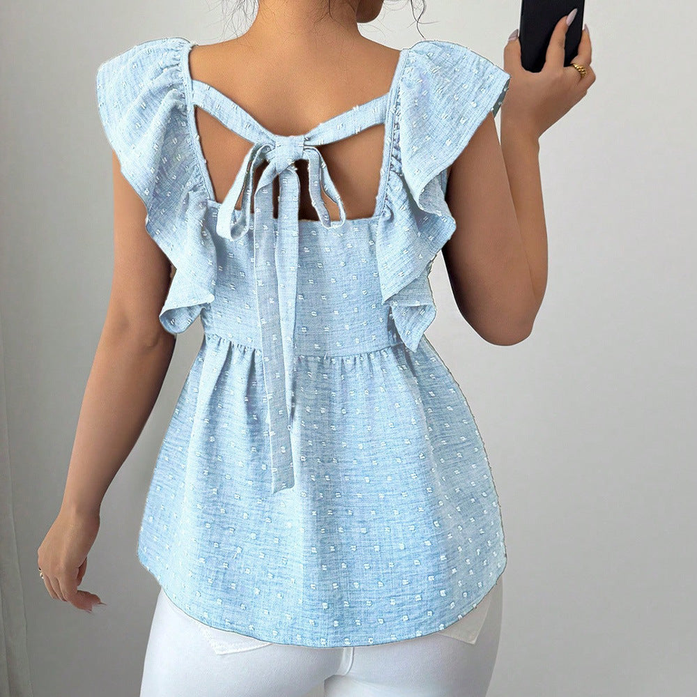 Korean-style Polka-dot Printed Bishop-sleeve Top