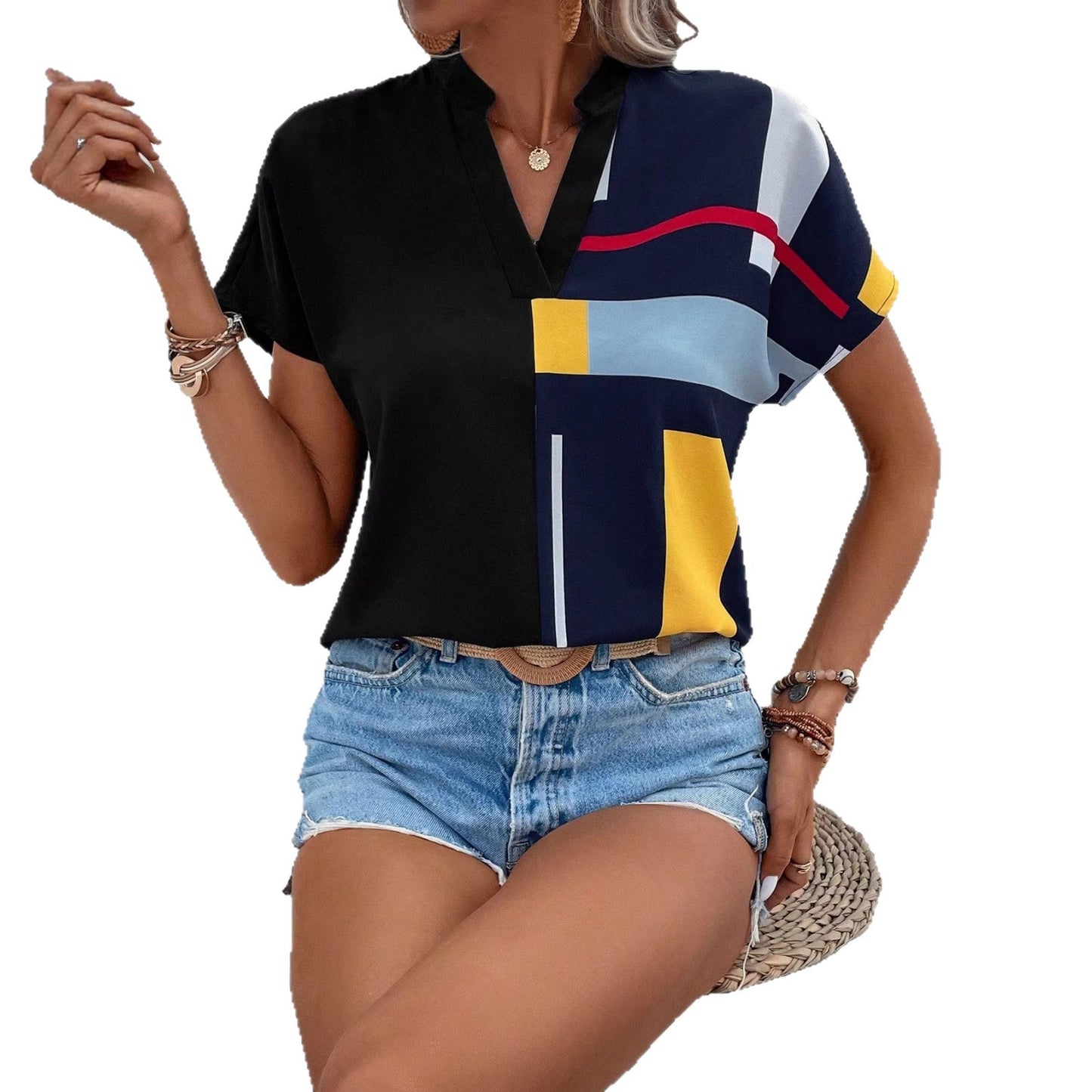 Casual Comfortable V-neck Printed Loose-fit Blouse