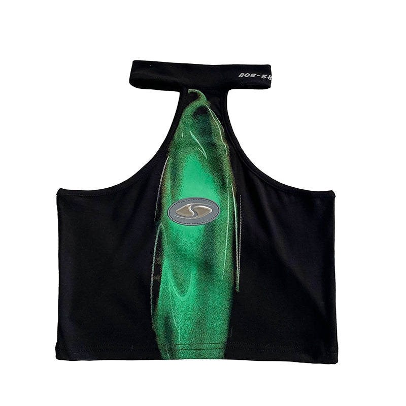 Off-Shoulder Halter Abstract Spice Crop Green Print Tank Top