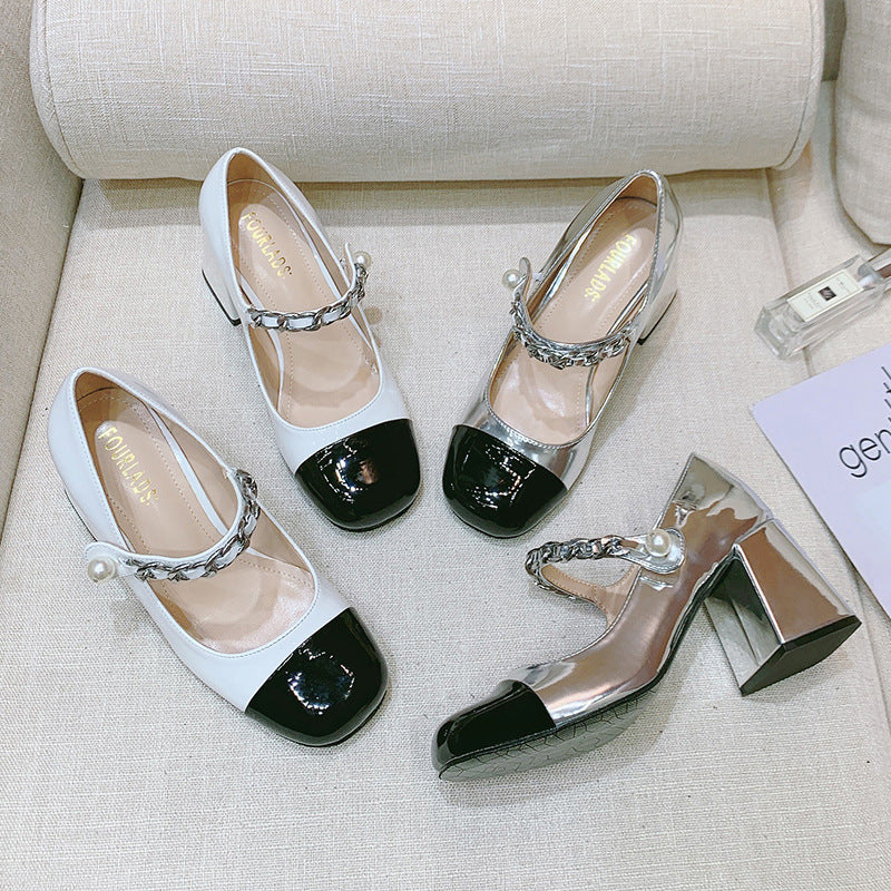Patent Leather Women's New High-heeled Round Toe Retro Pearl Shoes