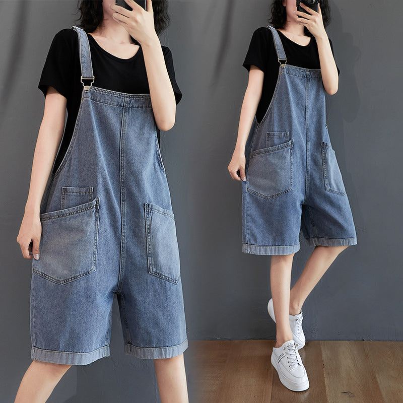 Women's Retro Denim Five Pants Loose Overalls Shorts