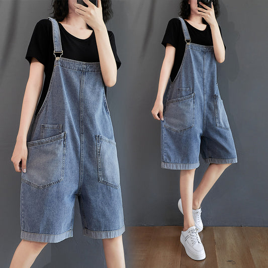 Women's Retro Denim Five Pants Loose Overalls Shorts
