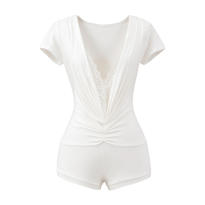 Pure Desire Style Lace Stitching Deep V Jumpsuit