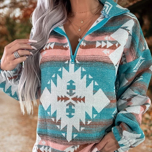 Efterår Og Vinter Ny Retro Mønster Fritids Pullover Lynlås Sweater Til Kvinder