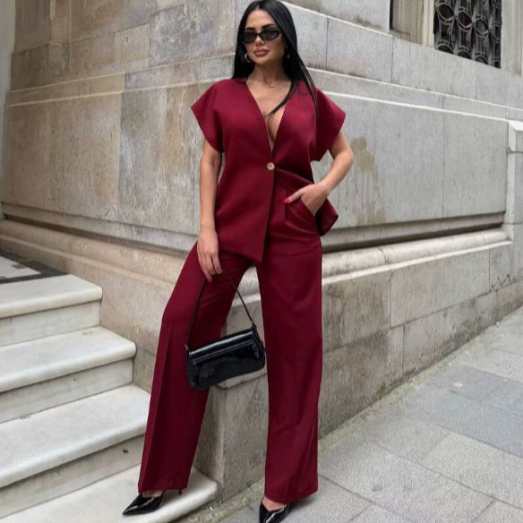 European And American Women's Clothing Button Top Wide Leg Pants Suit
