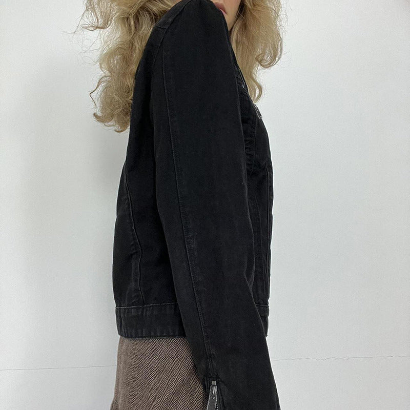 Washed-out Vintage Denim Jacket Simple Casual Zipper Pocket All-matching Long Sleeve Coat