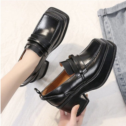 Women's British Style Retro Square Toe Platform Leather Shoes