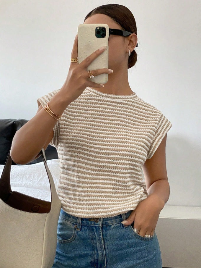 Womens New Summer Striped Crew-Neck Fashion Knit T-Shirt For Women