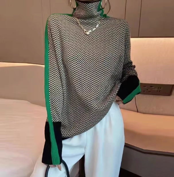 Plisseret Jacquard Turtleneck Sweater Languid Basis Striktrøje Til Kvinder