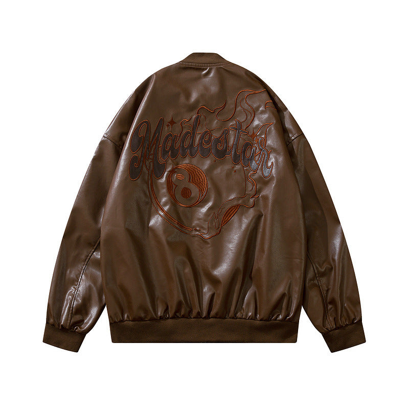 PU Faux Leather Loose Baseball Jacket For Men And Women