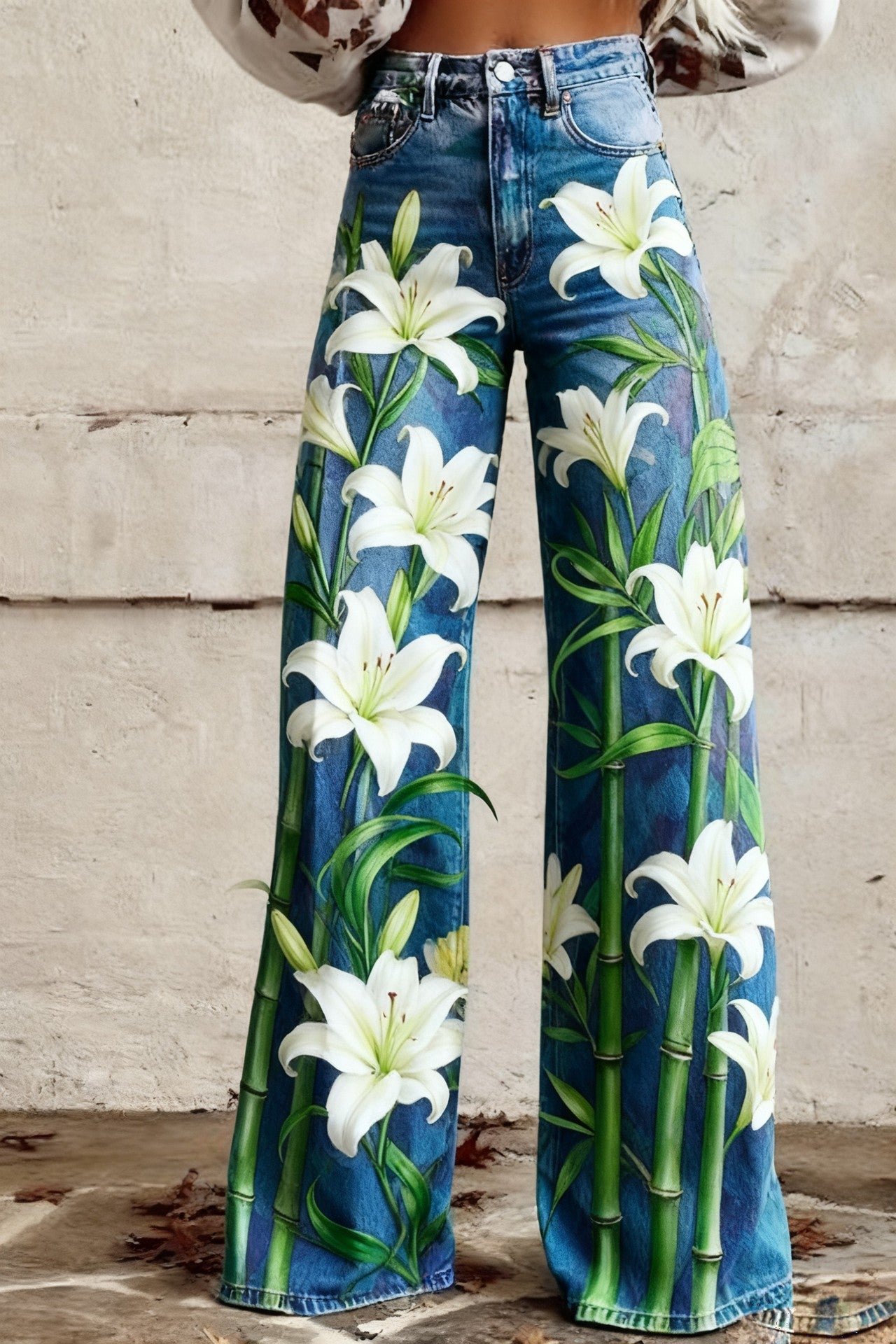 Floral-patterned Slim-fit Faux Denim Wide-leg Pants