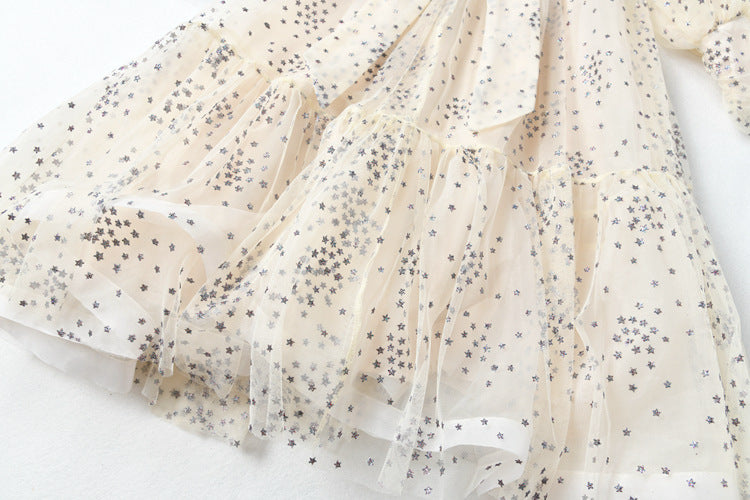 Women's Mesh Star Shiny Silk Print Waist Wrapping Slim Dress
