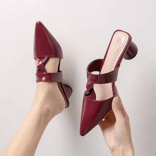 New Pointed Red Thick Heel Sandals