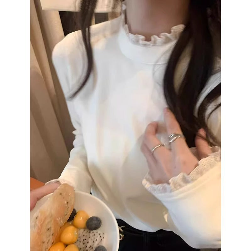 Spliced Lace Trim Semi-high Collar Slim-fitting Slimming Warm Base Shirt