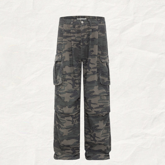 Retro Washed Camouflage Workwear With Pocket Straight Loose Jeans