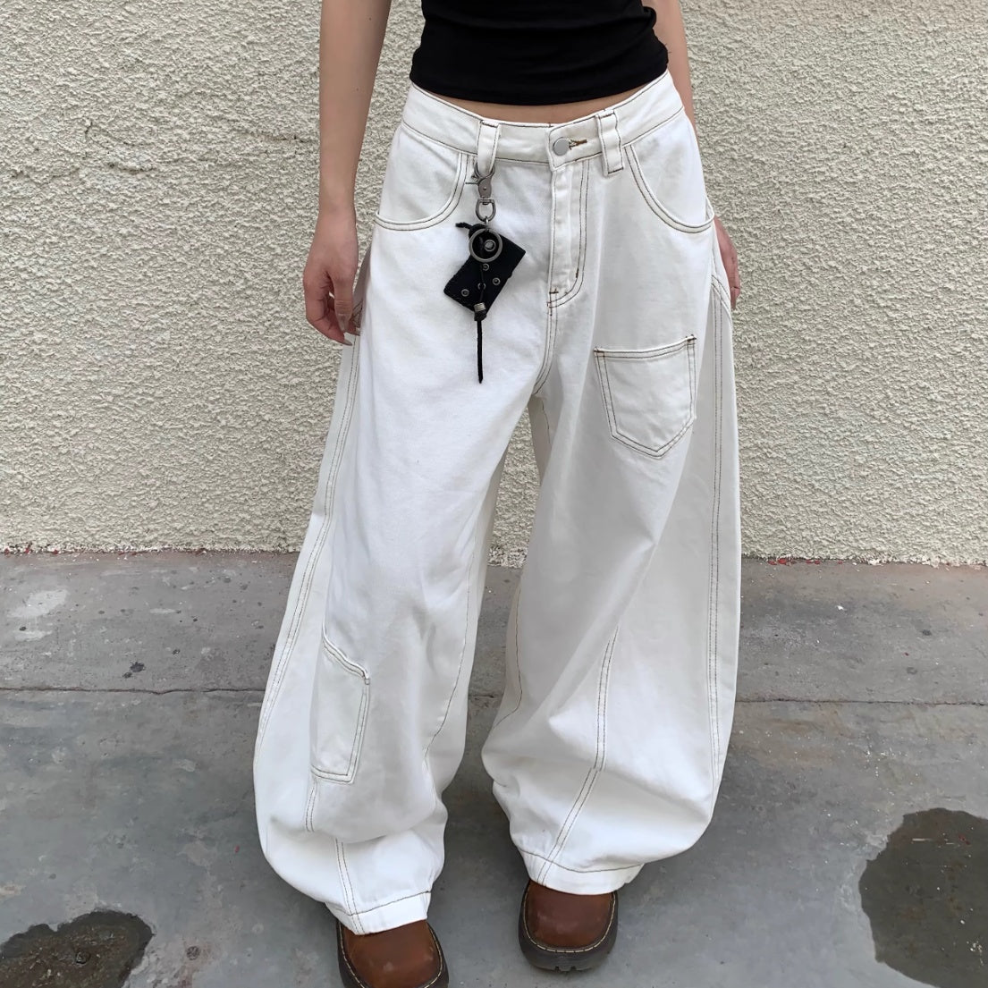 Women's Retro White Wide-leg Jeans