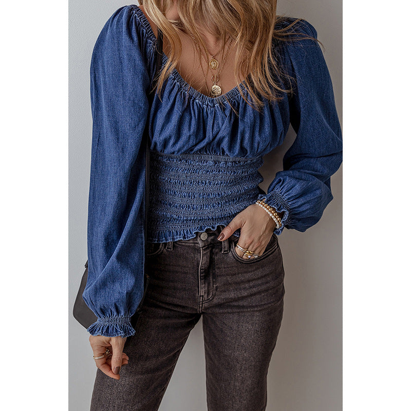 Women's V-neck Denim Long-sleeved Tops