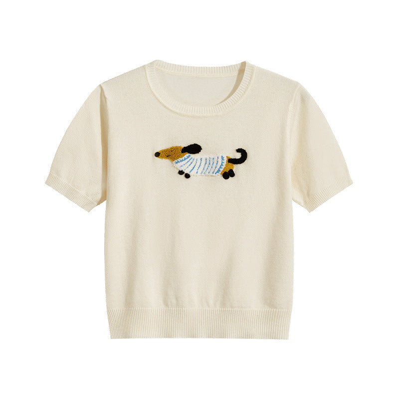 Cartoon Puppy Round Neck Knitted T-shirt Shory Style T-shirt