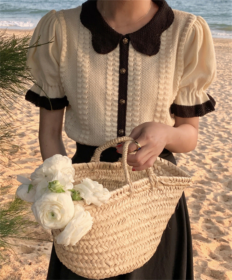 Sweet Temperament Doll Collar Contrast Color Short Sleeve Knit Women's