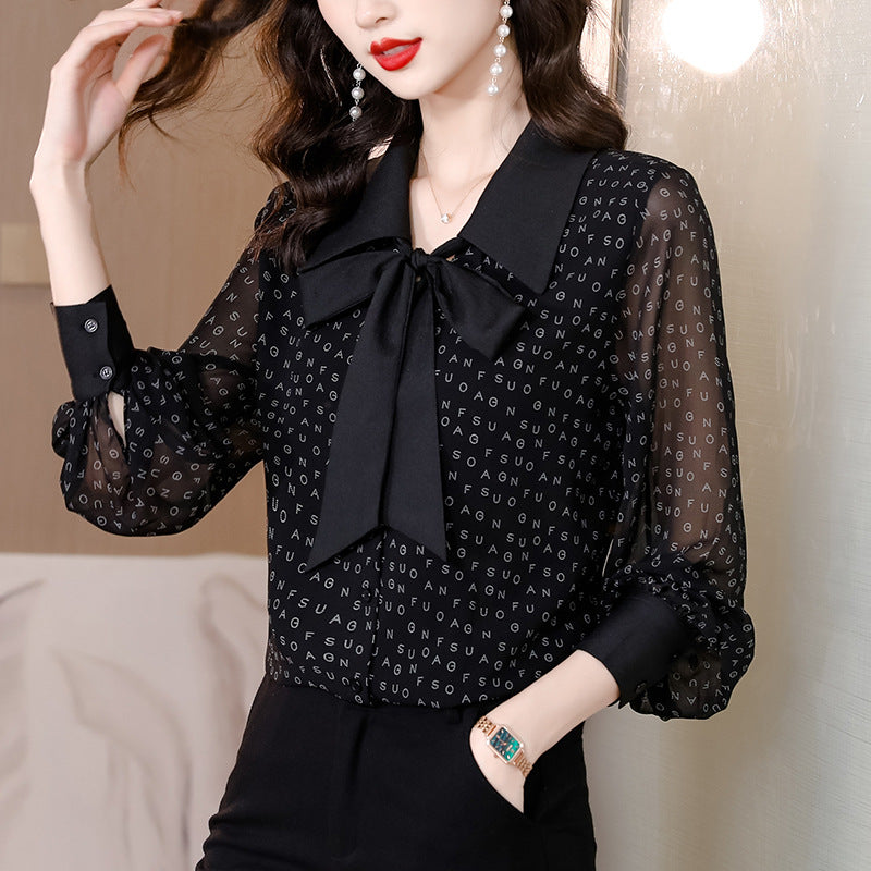 Bow Chiffon Shirt Letter Printed Loose Top