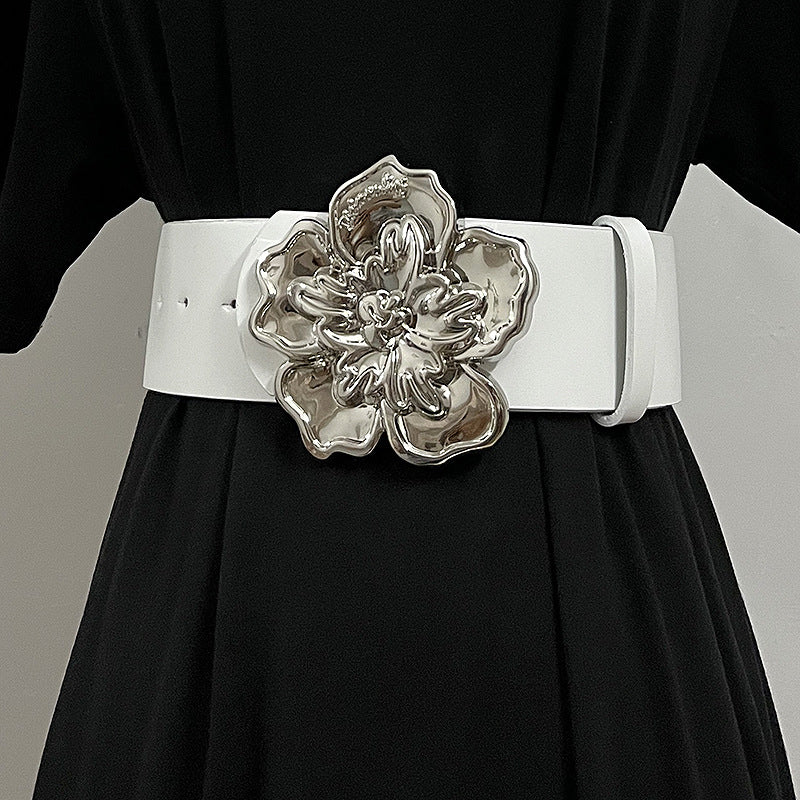 Wide Black Belt With Floral Silver Buckle