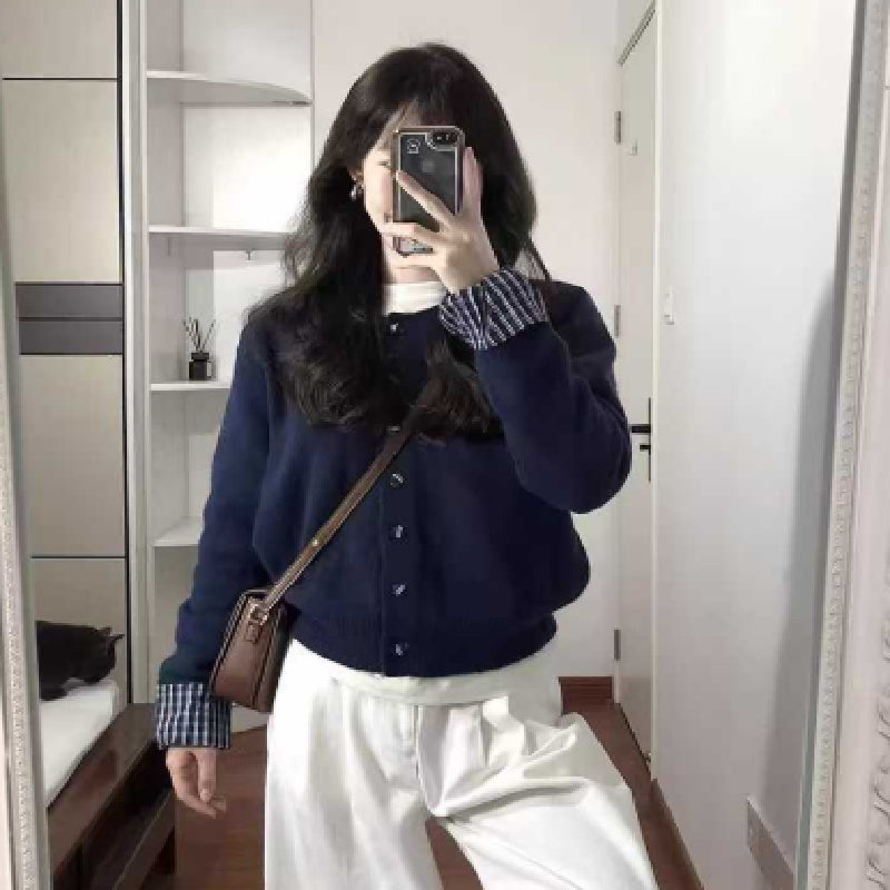 Navy Blue Knitted Women's Plaid Stitching Single-breasted Sweater