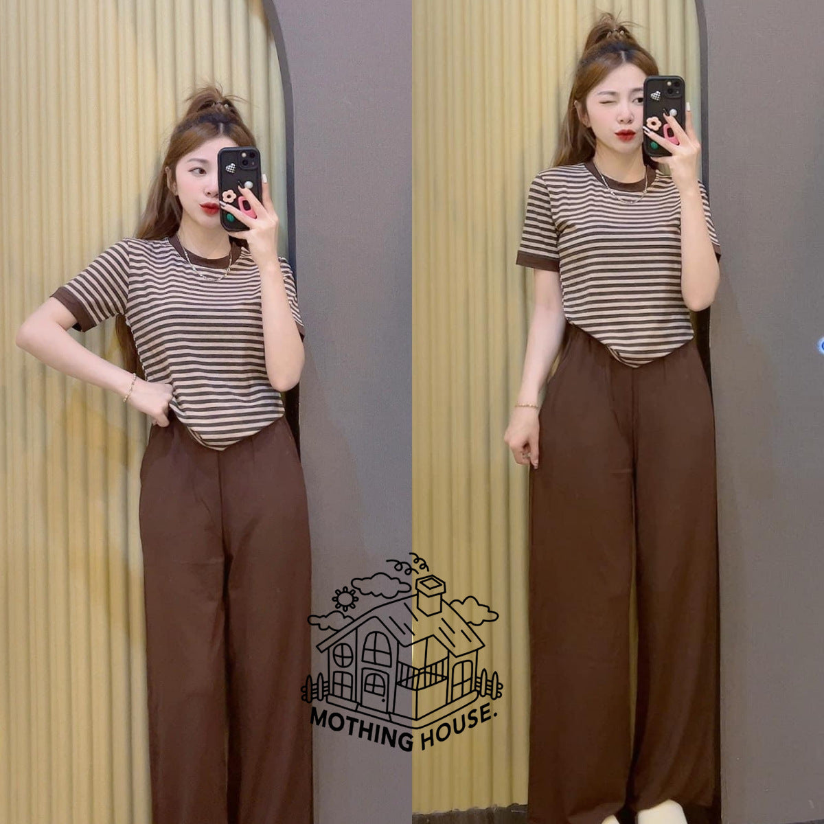 Casual Striped Top With Wide-leg Pants Two-piece Set