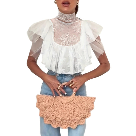 High-neck Lace Mesh Sheer Layered Patchwork T-shirt