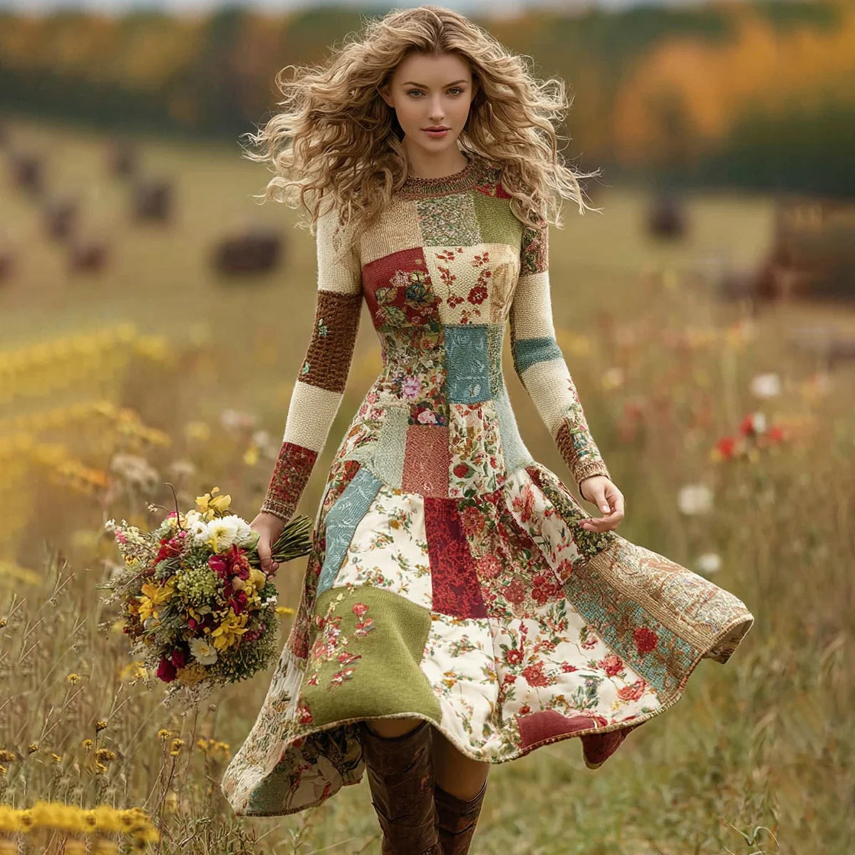 Womens Long-Sleeve Crew-Neck Patchwork Dress With Chunky Knit And Retro Cable Knit Details