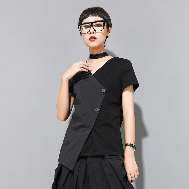 Summer New Women's Short Sleeve Slim Fit V-neck Stitching Personality Wrong Top