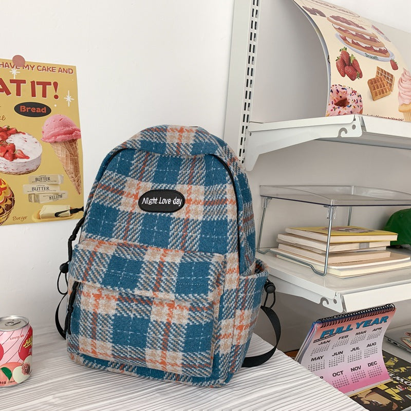 Retro Easy Matching Woolen Checked Backpack