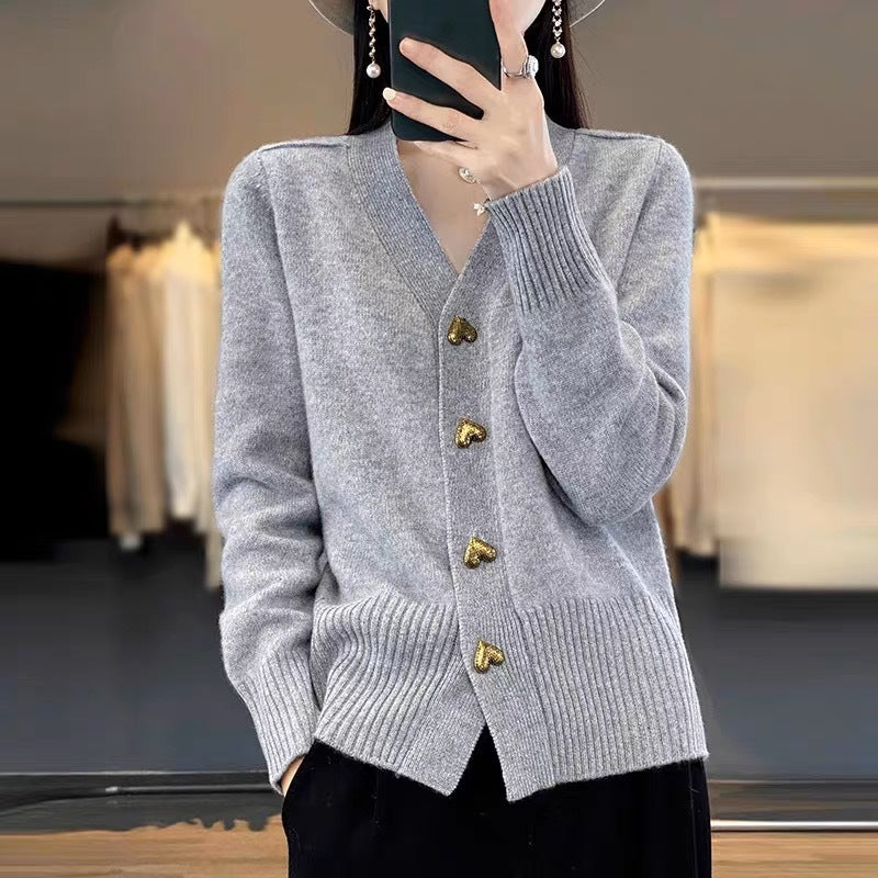Heart Buckle Solid Color Knitted V-neck Cardigan Loose Sweater For Women